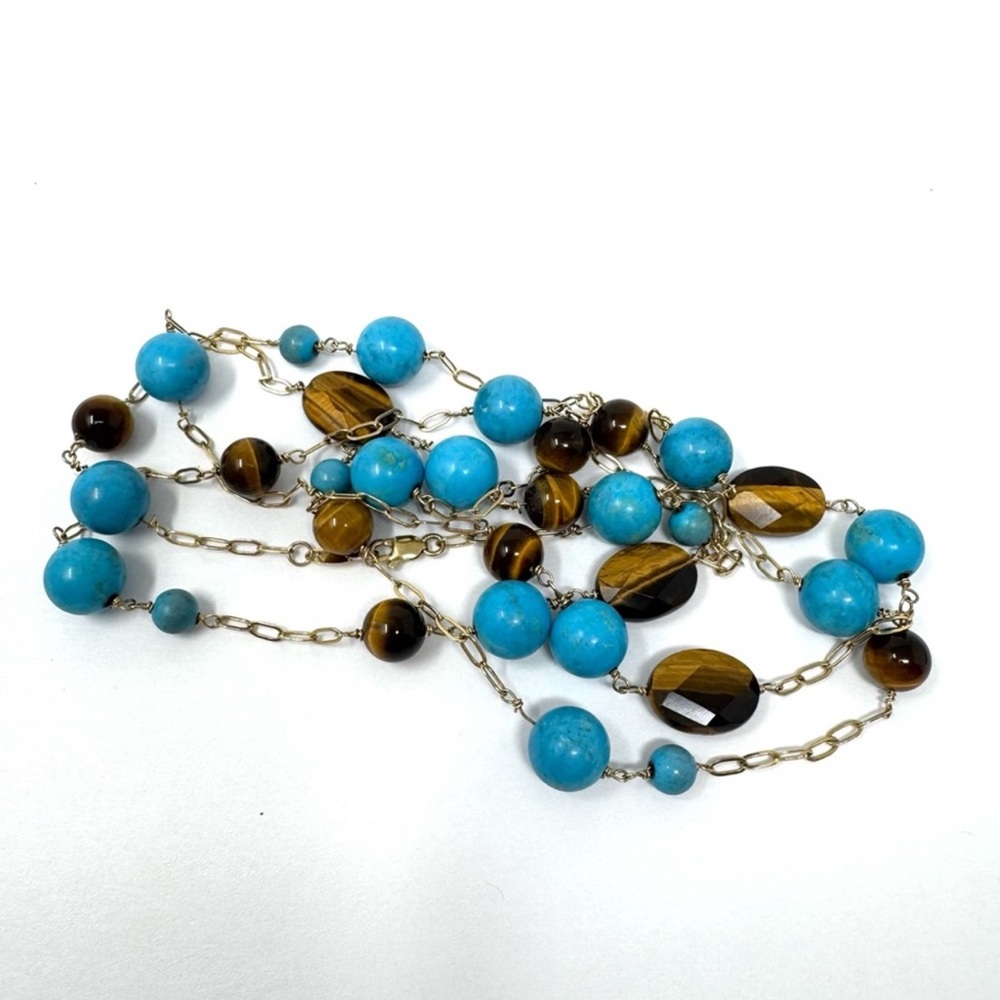 14K, turquoise and tiger’s eye beaded versatile necklace - Picture 7 of 12